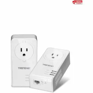 TRENDnet Powerline 1300 AV2 Adapter With Built-in Outlet Adapter Kit, Includes 2 x TPL-423E Adapters, IEEE 1905.1 & IEEE 1901, Gigabit Port, Range Up To 300m (984 ft), White, TPL-423E2K