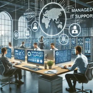 managed IT support services team working at their desks as helpdesk staff